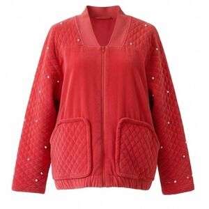 Vintage Neiman Marcus Quilted Zip Front Sweater Jacket Pearl Embellishment